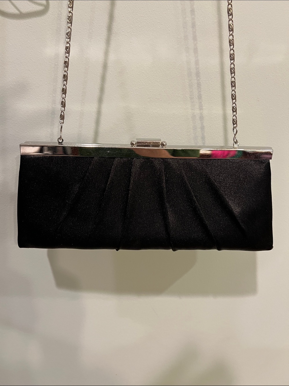 Black Satin Pleated Evening Clutch with Silver Chain